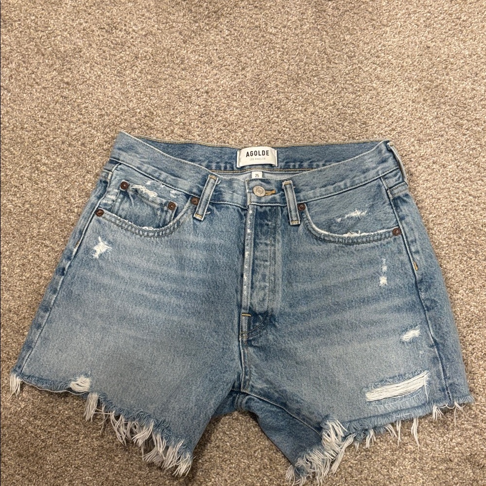 Agolde Distressed Light Blue Jean Shorts